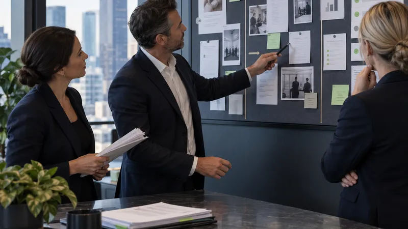 Three colleagues reviewing printed pages pinned to a project wall, one pointing to a document