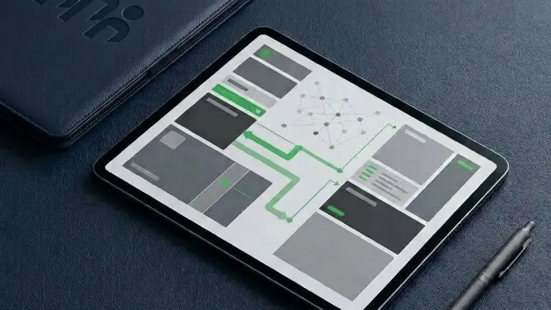 A tablet displaying a wireframe workflow diagram on a dark desk beside a leather folder