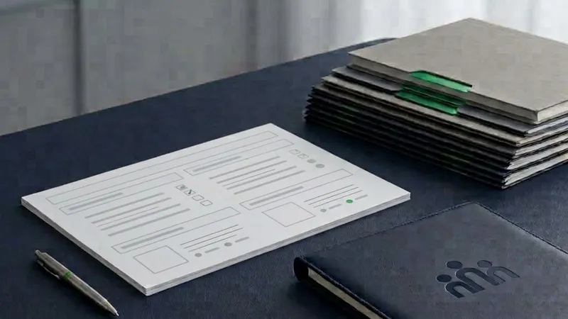 A green-tabbed folder and printed checklist stacked on a consulting room desk