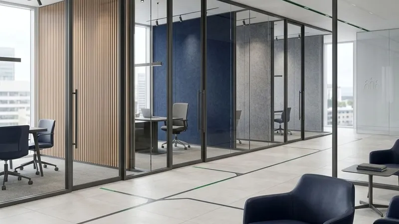A glass-walled office corridor with meeting rooms and an adjoining lounge area