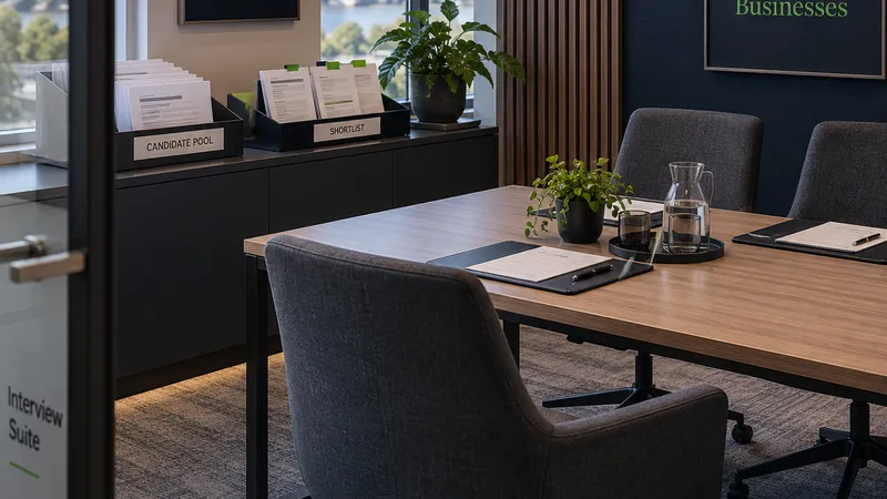 An interview room with a boardroom table and folders labelled Candidate Pool and Shortlist