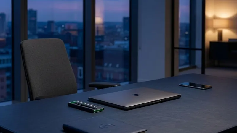 An empty desk at dusk with a closed laptop and phone, city skyline through the window