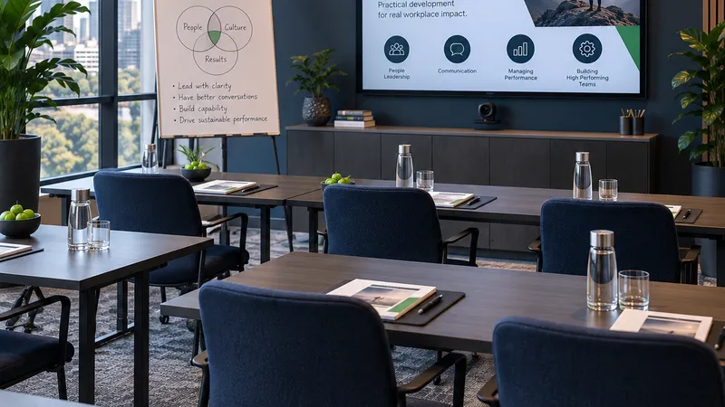 A training room set up theatre-style with rows of seating facing a presentation screen