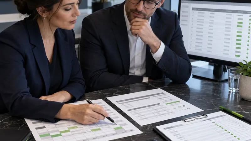 A payroll spreadsheet and calculator open on a desk beside a coffee cup