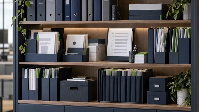 A shelving unit of labelled binders, folders and document boxes in an office