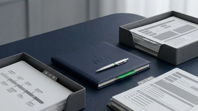 A branded notebook and pen on a desk beside trays of printed documents and an organisational chart